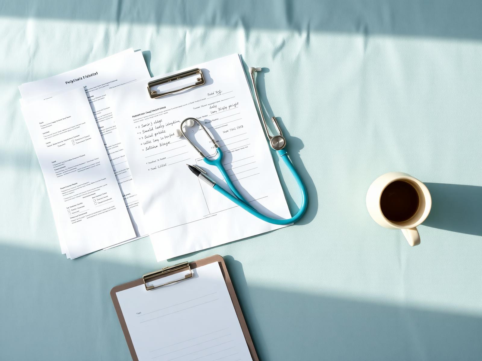 Nurse's workstation with organized report sheets, a stethoscope, and coffee